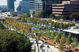 The ambitious Klyde Warren Park covers a 1,200-foot-long stretch of the Woodall Rodgers Freeway. A serene, 2,400-square-foot concert pavilion by Thomas Phifer and Partners is open on all sides Photo: Dillon Diers Photography Source: www.archrecord.construction.com